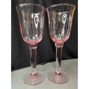 VTG Pink Wine Goblets Set 2 Blown Glass Tall Stemware 8.5" European Style